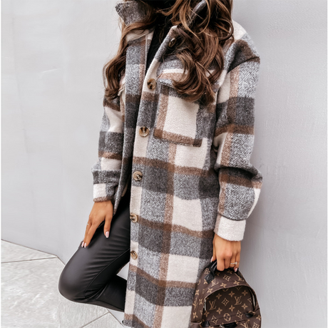 Plaid Wool Blend Coat  Oversized Winter Checkered Design - Detailed view