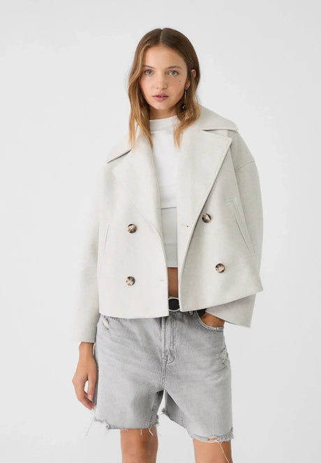 Cropped Double Breasted Jacket  Wool Blend Oversized Design - Product showcase