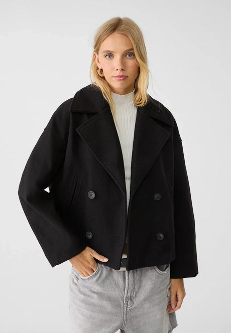 Cropped Double Breasted Jacket  Wool Blend Oversized Design - Detailed view