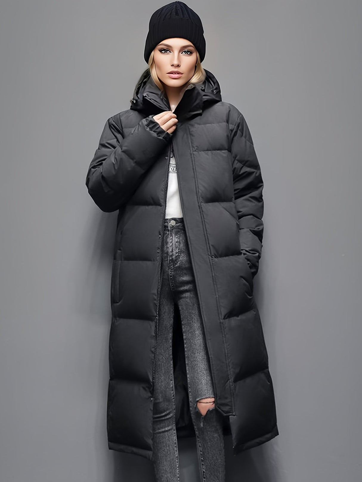 Long Down Winter Coat  Quilted Hooded Puffer Design - Product showcase