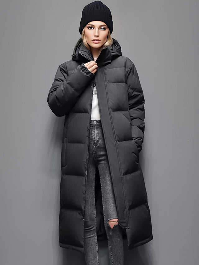 Long Down Winter Coat  Quilted Hooded Puffer Design - Product showcase
