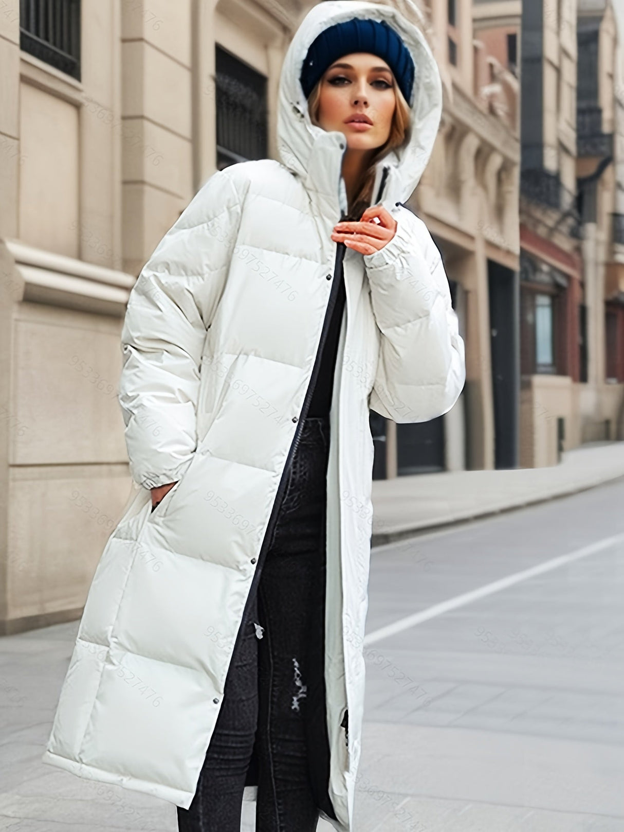 Long Down Winter Coat  Quilted Hooded Puffer Design - Detailed view