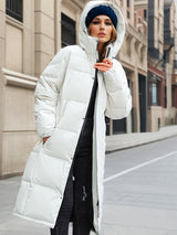 Long Down Winter Coat  Quilted Hooded Puffer Design - Detailed view