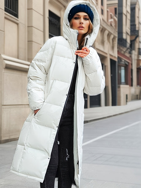 Long Down Winter Coat  Quilted Hooded Puffer Design - Detailed view