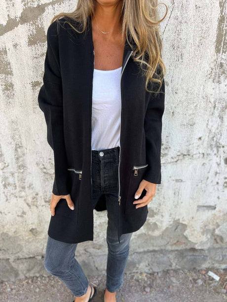 Womens Long Zip Jacket  Black Cotton Blend Casual Coat - Product showcase