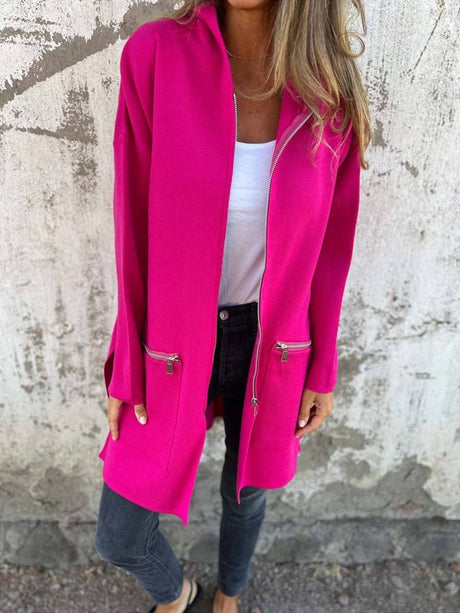 Womens Long Zip Jacket  Black Cotton Blend Casual Coat - Detailed view