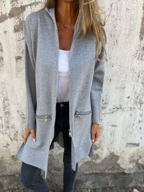 Womens Long Zip Jacket  Black Cotton Blend Casual Coat - Product detail 5
