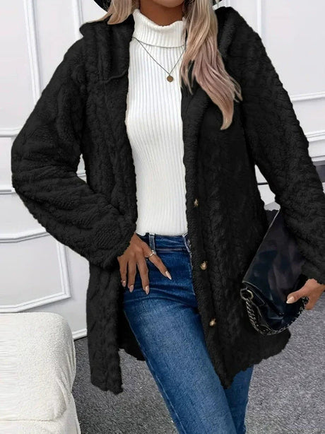 Plush Hooded Coat  Textured Fleece Button-Front Design - Product detail 4