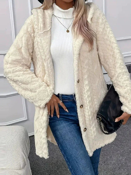 Plush Hooded Coat  Textured Fleece Button-Front Design - Product showcase