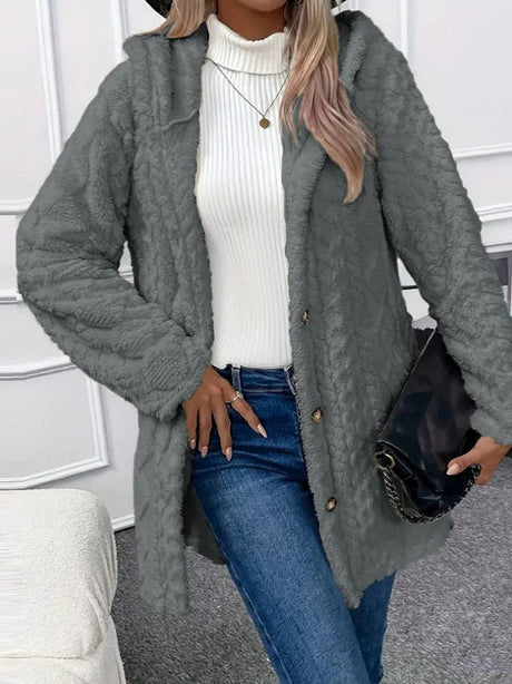 Plush Hooded Coat  Textured Fleece Button-Front Design - Product example
