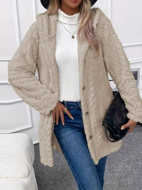 Plush Hooded Coat  Textured Fleece Button-Front Design - Detailed view