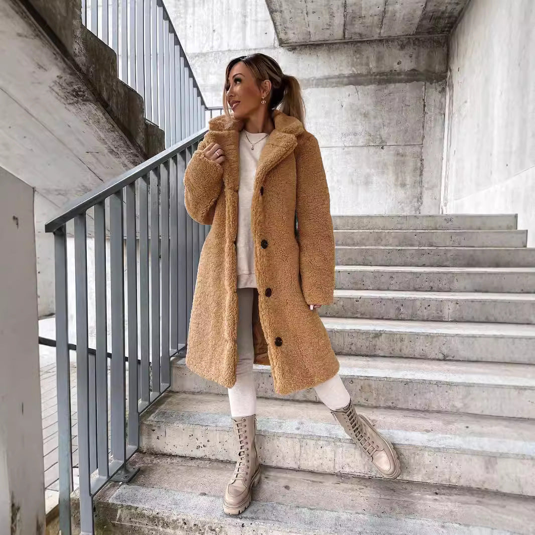 Wool Blend Long Coat  Oversized Lapel Design - Detailed view