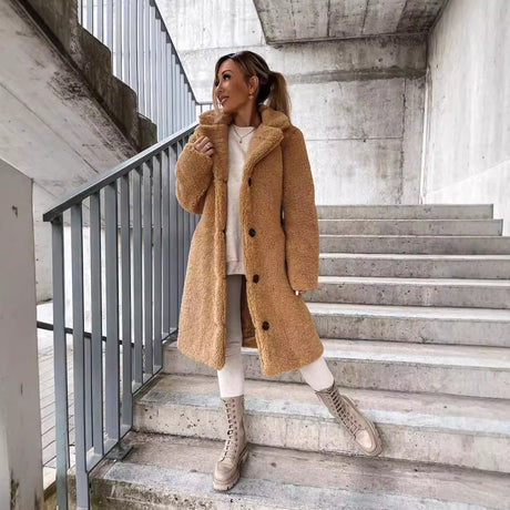 Wool Blend Long Coat  Oversized Lapel Design - Detailed view