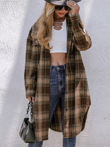 Plaid Wool Blend Long Coat  Classic Brown Checkered Pattern - Product showcase