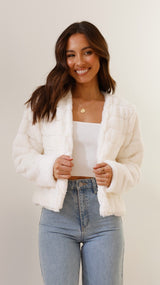 Quilted Faux Fur Crop Jacket  Open Front Winter White Design - Product showcase