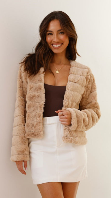 Quilted Faux Fur Crop Jacket  Open Front Winter White Design - Product detail 11