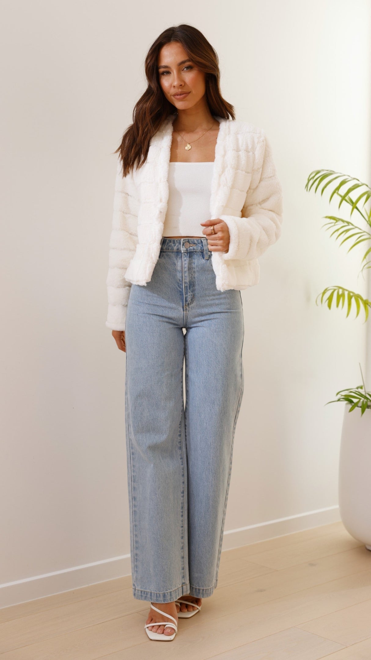 Quilted Faux Fur Crop Jacket  Open Front Winter White Design - Product example
