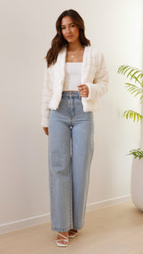 Quilted Faux Fur Crop Jacket  Open Front Winter White Design - Product example