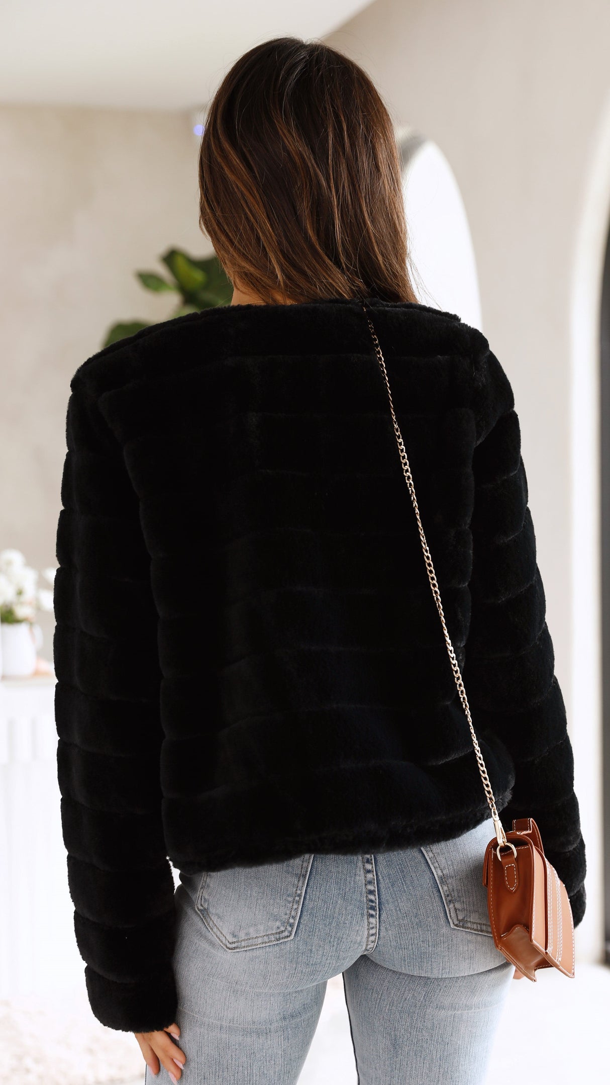Quilted Faux Fur Crop Jacket  Open Front Winter White Design - Product detail 8