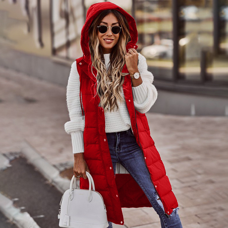 Winter Quilted Vest  Long Hooded Padded Design - Detailed view