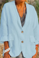 Linen Summer Blazer  Relaxed Fit V-Neck White - Detailed view
