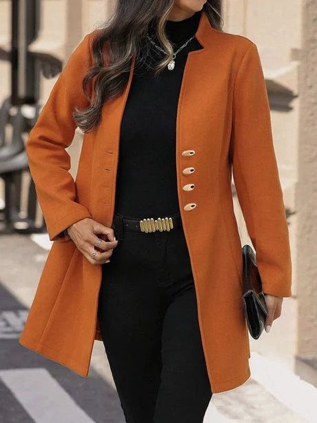 Classic Wool Coat  Mid-Length Red With Gold Buttons - Detailed view