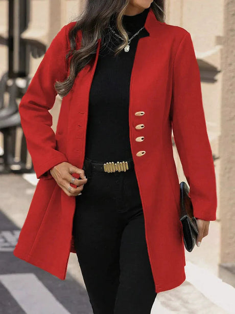 Classic Wool Coat  Mid-Length Red With Gold Buttons - Product showcase
