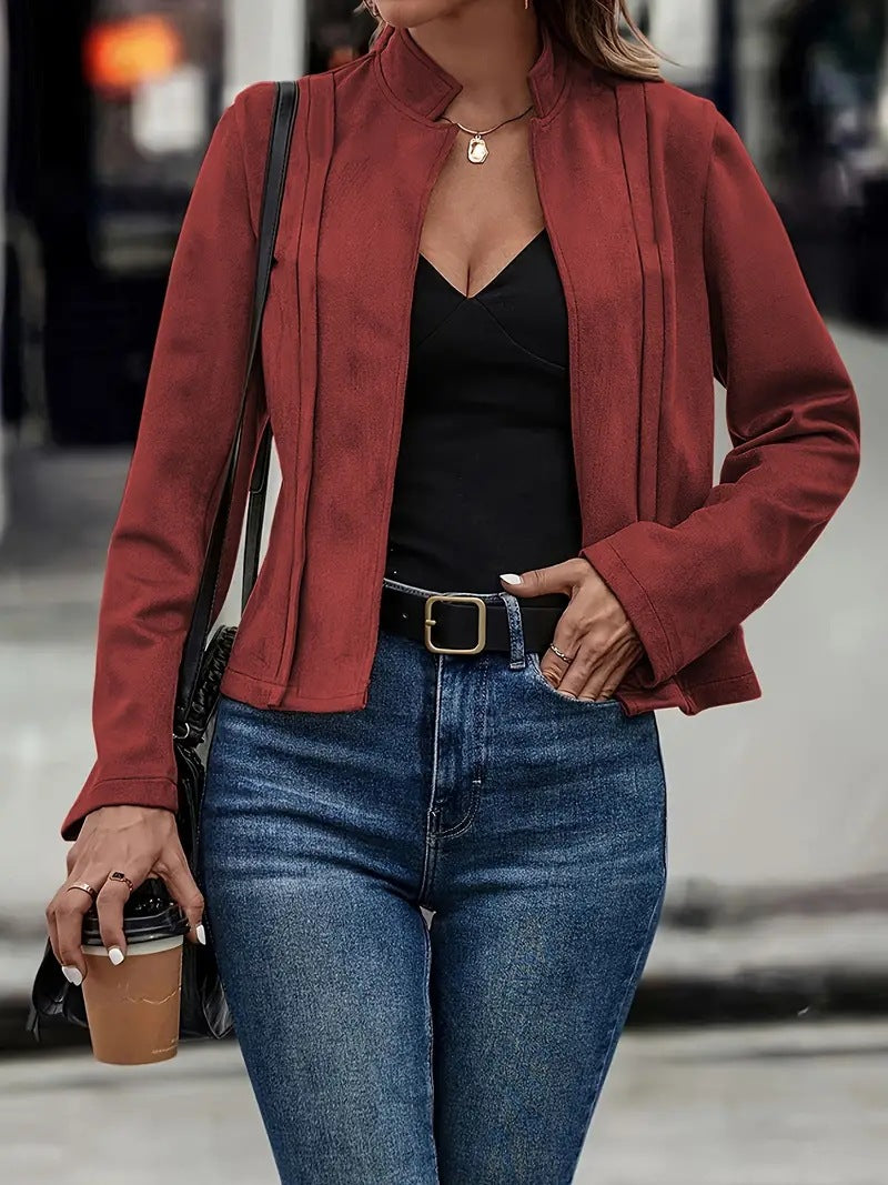 Minimalist Wool Blend Jacket  Stand Collar Open Front Design - Product example