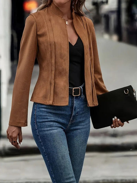 Minimalist Wool Blend Jacket  Stand Collar Open Front Design - Product detail 4