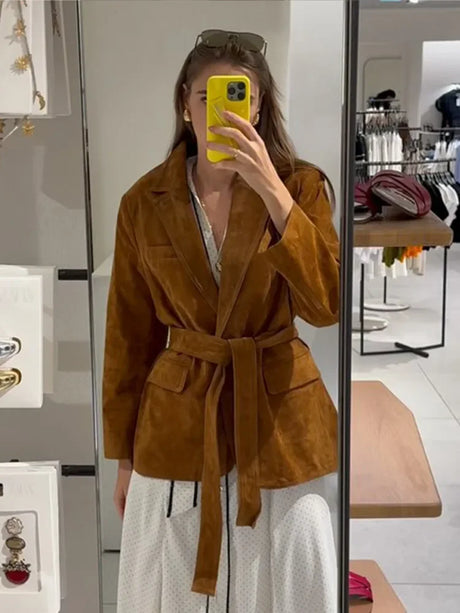 Autumn Suede Coat  Belted Lapel Design With Pockets - Product showcase