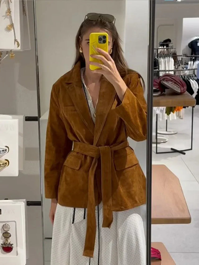 Autumn Suede Coat  Belted Lapel Design With Pockets - Product showcase