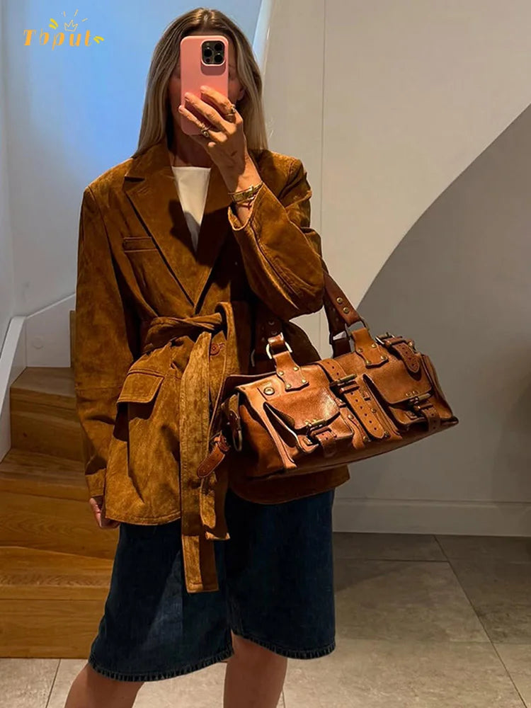 Autumn Suede Coat  Belted Lapel Design With Pockets - Detailed view