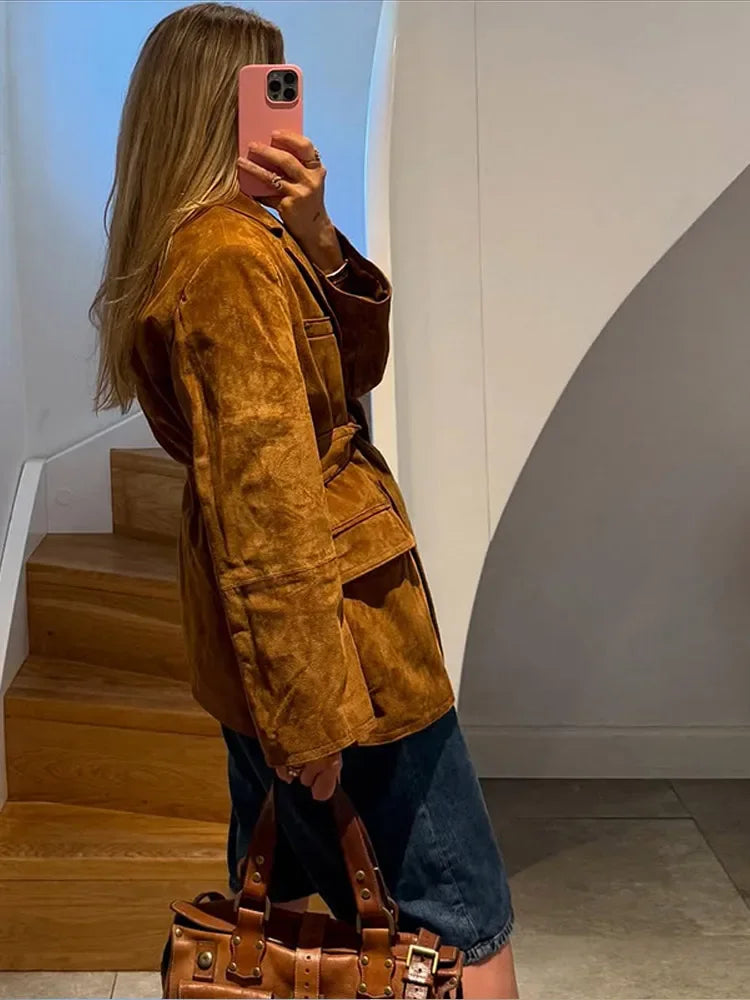 Autumn Suede Coat  Belted Lapel Design With Pockets - Product example