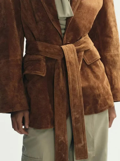 Autumn Suede Coat  Belted Lapel Design With Pockets - Product detail 5