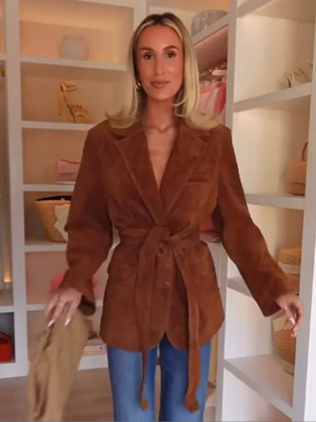 Autumn Suede Coat  Belted Lapel Design With Pockets - Product detail 4