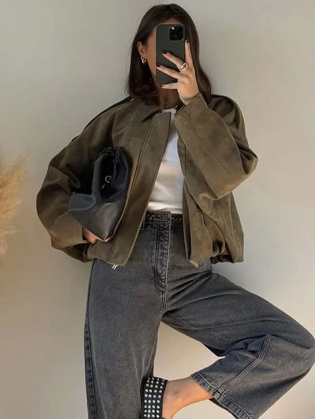 Vintage Suede Bomber Jacket  Oversized Brown Green Design - Product showcase
