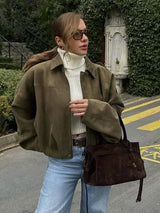 Vintage Suede Bomber Jacket  Oversized Brown Green Design - Detailed view