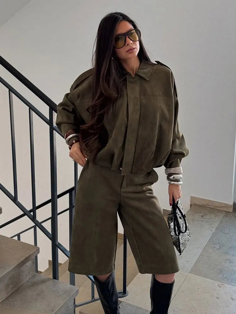 Vintage Suede Bomber Jacket  Oversized Brown Green Design - Product detail 4