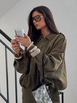 Vintage Suede Bomber Jacket  Oversized Brown Green Design - Product detail 5