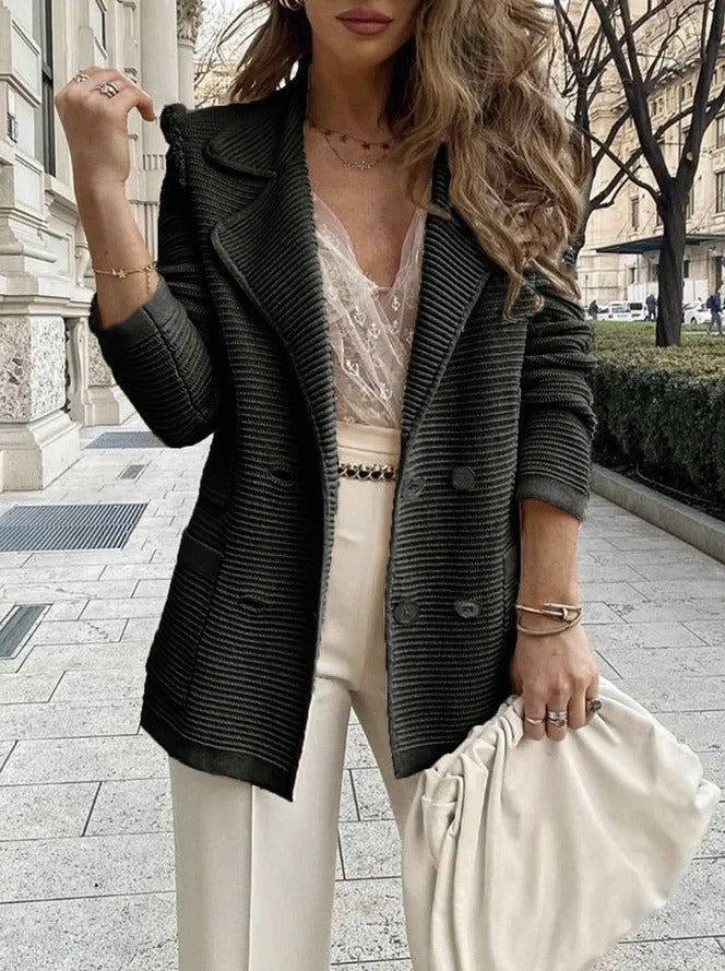Ribbed Double-Breasted Blazer  Textured Knit Black Lapel Design - Product showcase
