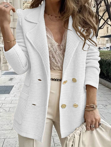Ribbed Double-Breasted Blazer  Textured Knit Black Lapel Design - Detailed view