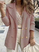 Ribbed Double-Breasted Blazer  Textured Knit Black Lapel Design - Product detail 4