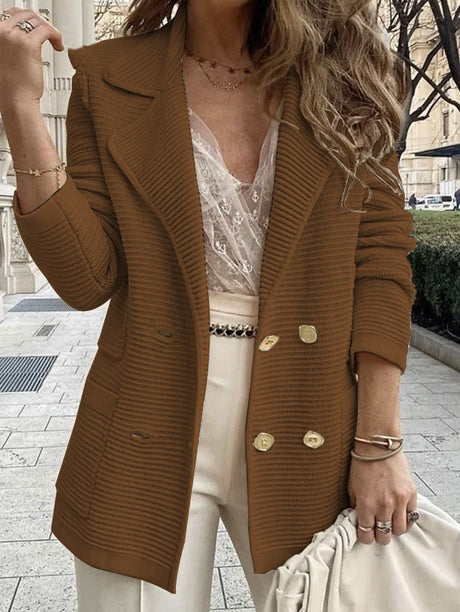 Ribbed Double-Breasted Blazer  Textured Knit Black Lapel Design - Product detail 6