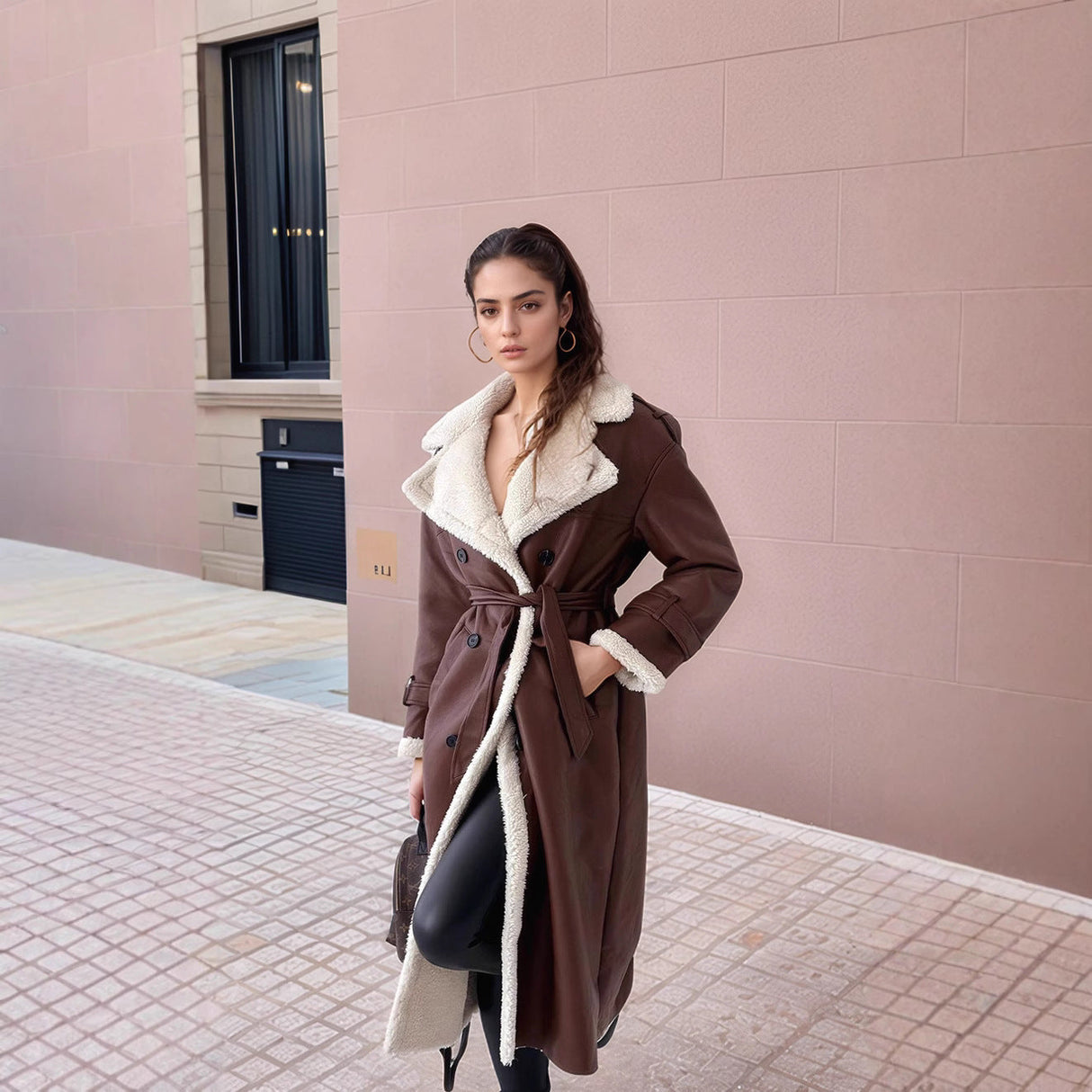 Winter Long Leather Coat  Plush Lined Tailored Design - Detailed view