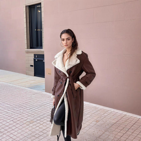 Winter Long Leather Coat  Plush Lined Tailored Design - Detailed view