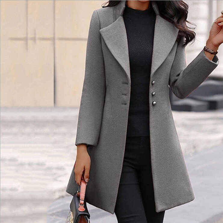 Classic Wool Blend Coat  Tailored Mid-Thigh with Notched Lapel - Product example