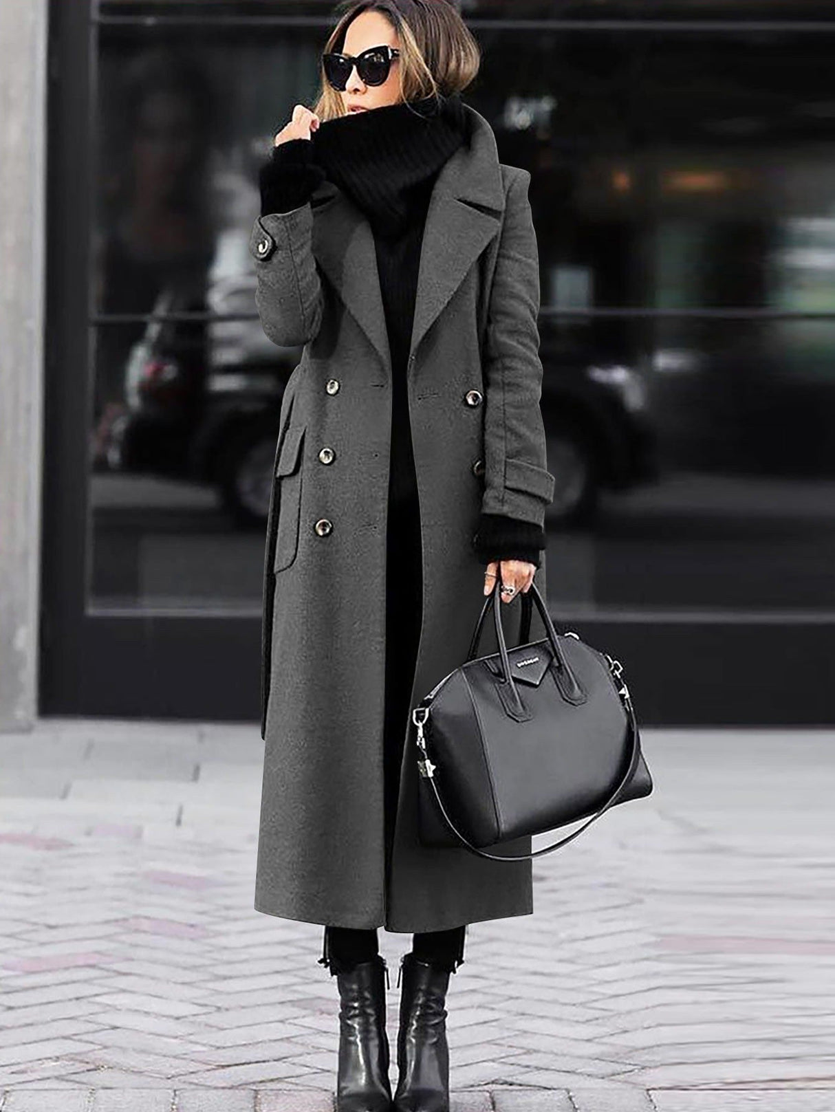 Classic Wool Winter Coat  Double-Breasted Full Length Design - Detailed view