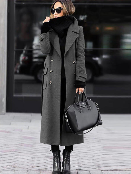 Classic Wool Winter Coat  Double-Breasted Full Length Design - Detailed view