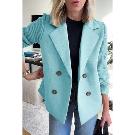 Double-Breasted Wool Coat  Ribbed Sleeve Turquoise Design - Product showcase