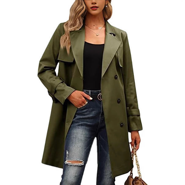 Womens Double Breasted Coat  Olive Green Wool Blend Tailored Design - Product showcase